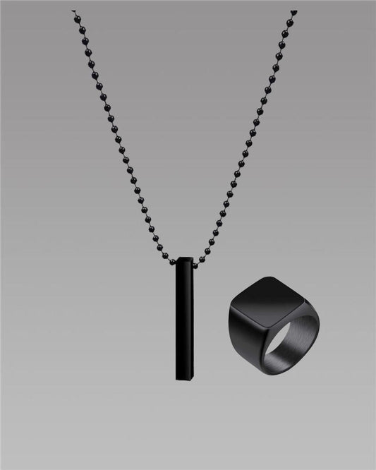 Saizen Black Vertical Bar Pendant with Ring – Stylish Minimalist Necklace for Boys & Men