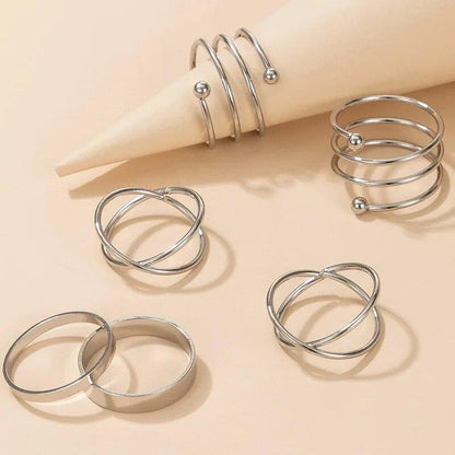 Silver Geometric Hollow Twist Ring Set (6 Pcs) – Trendy Open & Joint Rings for Women & Girls