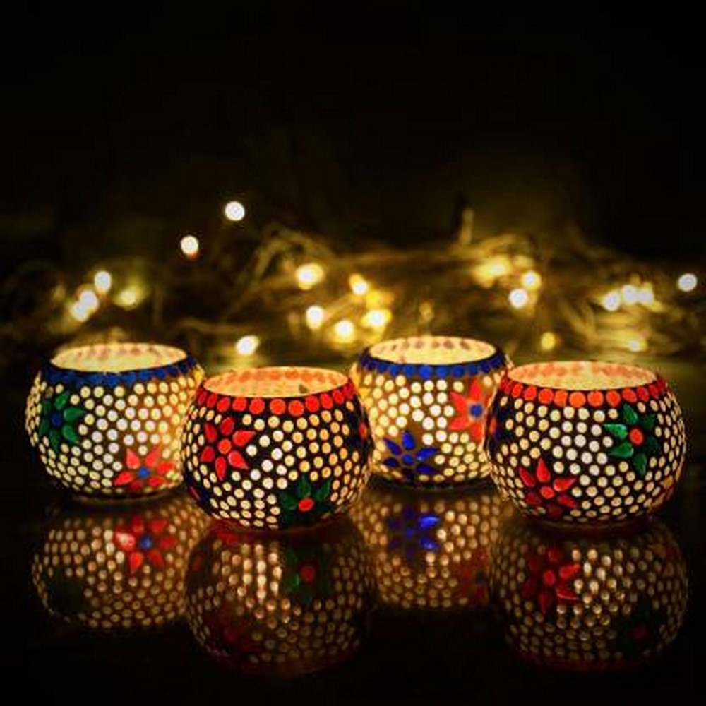 Set of 4 Mosaic Glass Decorative Tea Light Holders – Handcrafted Home Decor Candle Holders