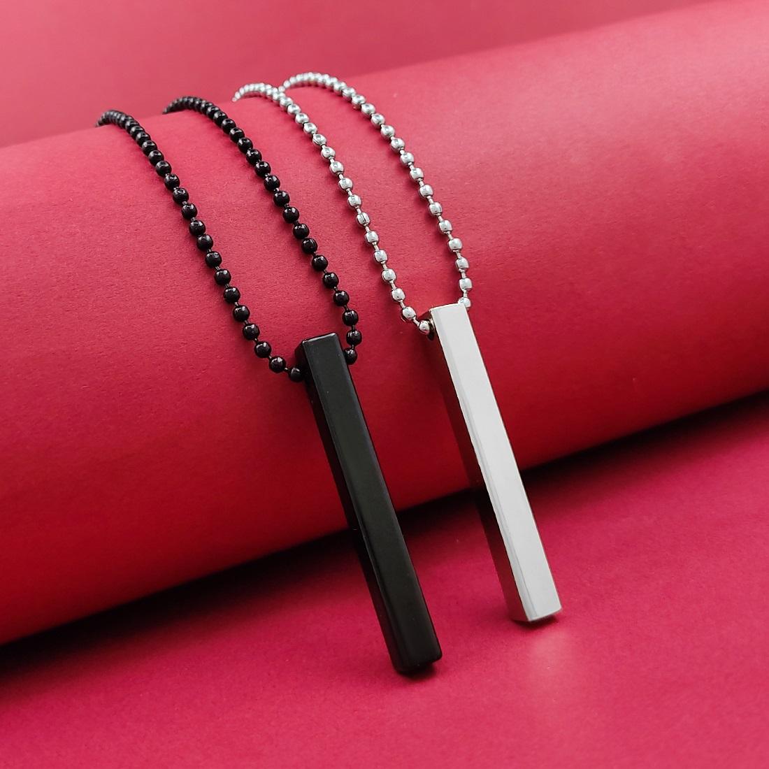 Stylish Silver-Black 3D Vertical Bar Pendant Necklace – Rhodium-Plated Cuboid Stick Locket for Men & Women