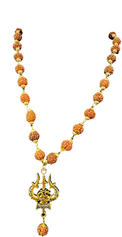 Panchmukhi Rudraksha OM Shiva Trishul Mala | 5 Mukhi Rudraksha Beads with Trishul & Damru Pendant | Spiritual & Meditation Necklace