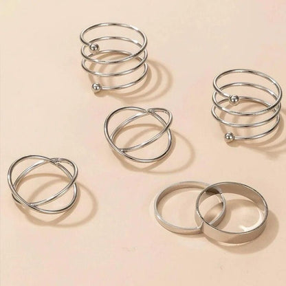 Silver Geometric Hollow Twist Ring Set (6 Pcs) – Trendy Open & Joint Rings for Women & Girls