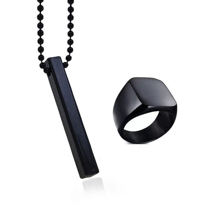 Saizen Black Vertical Bar Pendant with Ring – Stylish Minimalist Necklace for Boys & Men