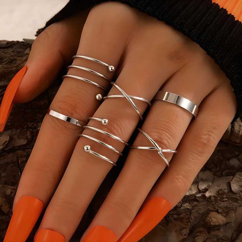 Silver Geometric Hollow Twist Ring Set (6 Pcs) – Trendy Open & Joint Rings for Women & Girls