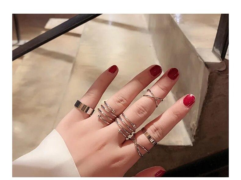 Silver Geometric Hollow Twist Ring Set (6 Pcs) – Trendy Open & Joint Rings for Women & Girls